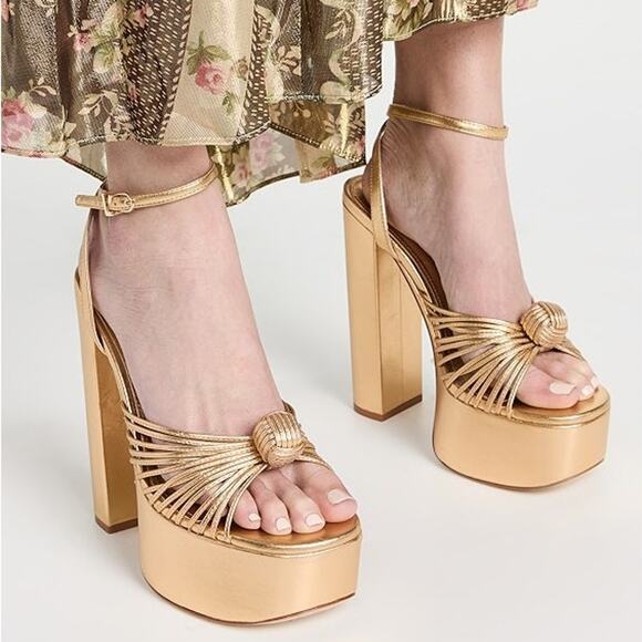 Larroude Valerie Knotted Platform Sandals Strappy Block Heel Party Gold Sz 11 - Picture 1 of 16